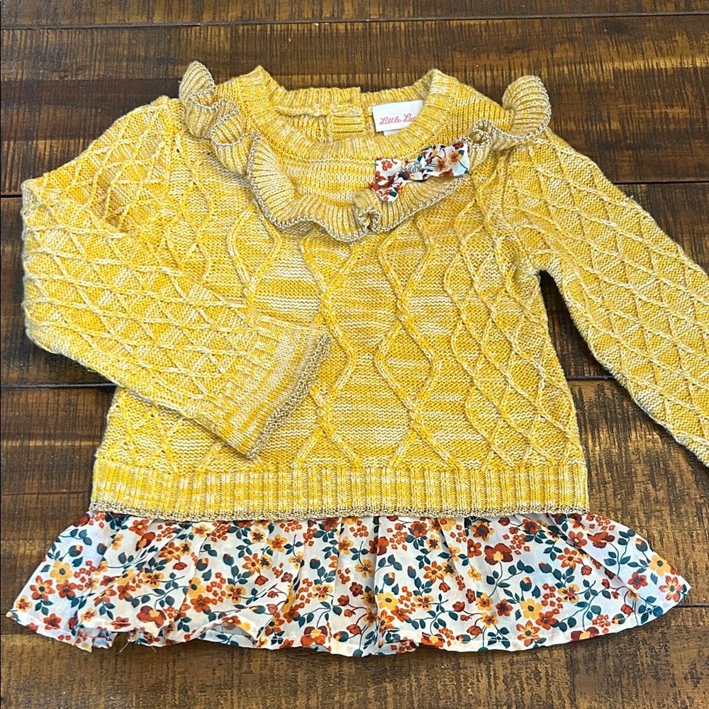 Little Lass Yellow Knit Sweater with Floral Ruffle